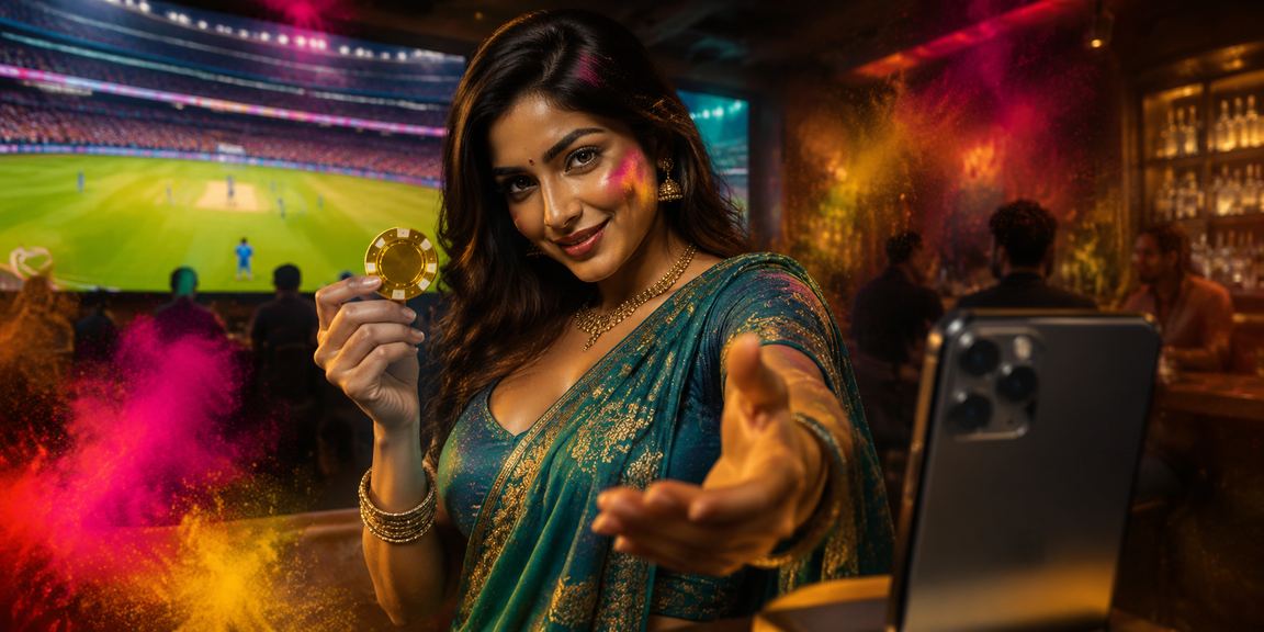 A young woman enjoying live cricket betting on mobile in saree indoors