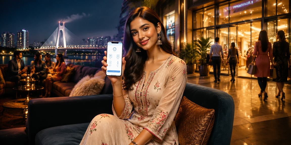 Happy woman using mobile phone for secure betting transactions in Bandra Mumbai